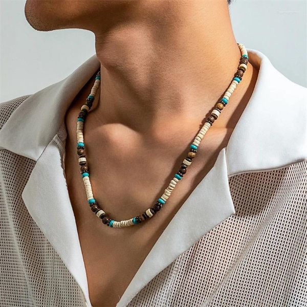 Girocollo Collana a catena con perline di legno marrone etnico retrò per uomo Donna Accessori per gioielli con perline di conchiglia di cocco