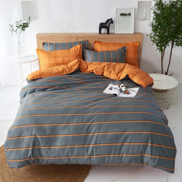 Bettwäsche-Sets Bettwäsche Super Warm Weiche Bettbezug Bettset Einfache dünne Streifen Orange Grau Quilt 3 Stück 4 Stück King Queen Full 231017