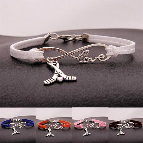 Gioielli di moda Argento antico Hockey Sport ciondolo Bracciale Bracciale con ciondoli Gioielli Corda di velluto misto Infinity Love 8 Bangle -2425