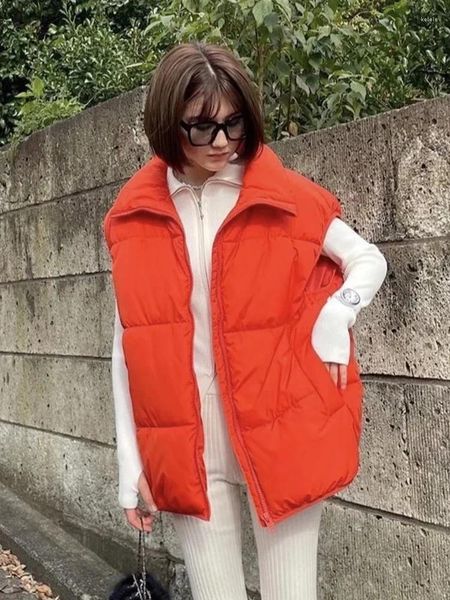 Casacos de trincheira femininos foridol zíper inverno laranja moda colete casaco grosso parka bolsos sem mangas gola puffer femme abrigo roupas