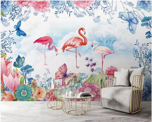Wallpapers personalizado mural 3d po papel de parede na parede mão desenhada floral flamingo decoração de casa sala de estar para 3 d em rolos