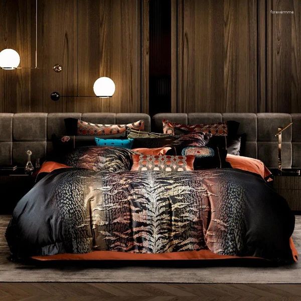 Set di biancheria da letto in raso 1500TC cotone egiziano copripiumino jacquard tinto in filo Royal copriletto leopardato grigio scuro federe