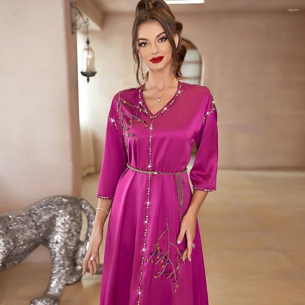 Roupas étnicas Cetim Abaya Dubai Turquia Islam Árabe Festa Noite Vestido Muçulmano Abayas para Mulheres Djellaba Femme Marroquino Kaftan Robe De