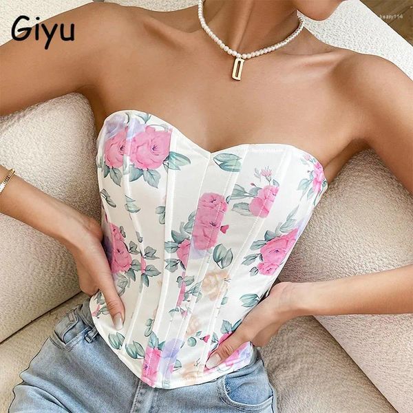 Tank da donna Giyu Sexy Corset Top Women Camis Vintage Floral Print Crops Tops 2023 Summer Autumn Strapless Backless Camisole Club Party