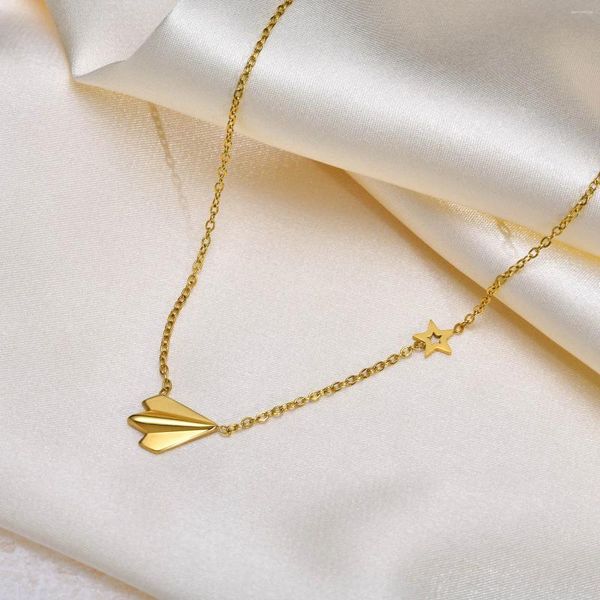 Collana girocollo elegante aeroplano di carta per donna Ciondolo placcato oro 14k con catena a stella regalo da viaggio