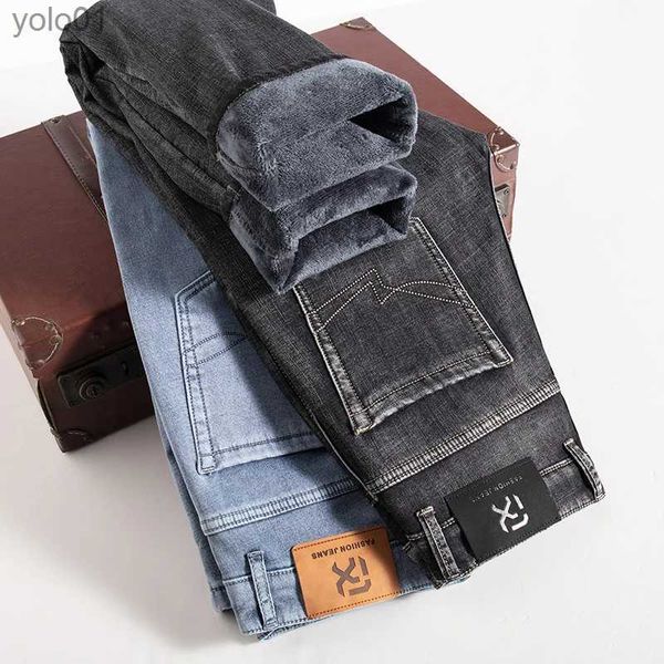 Calças de brim masculinas inverno quente lã moda cinza jeans 2022 novo anti-roubo zíper design estiramento regular ajuste calças jeans marca calçasl231017