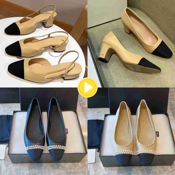 Tasarımcı Kanal Siyah Bej Deri Naylon Kadınlar Sandalet Kilitli Buzağı Hattı Pompa Toe Kap Slingbacks Slingbacks Party Mid Blok Topuklular Mules Elbise Ayakkabı35-40