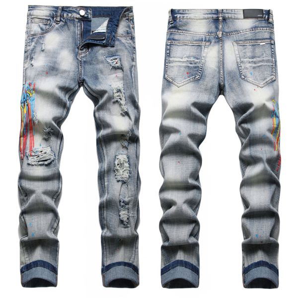 Homens jeans carta estrela am minúsculo ponto bordado retalhos rasgado sexy romântico selvagem motocicleta calça dos homens AM3729-00 tamanho 29-38