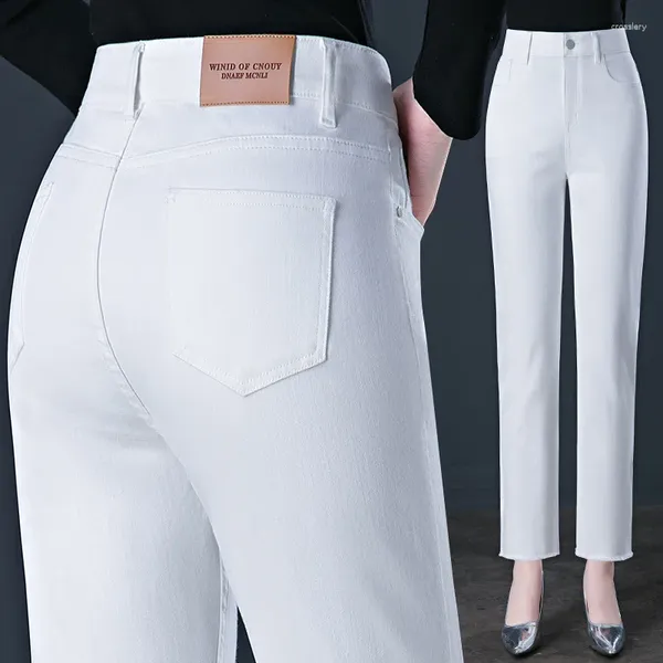 Женские джинсы, белые женские весенне-осенние свободные эластичные укороченные брюки с высокой талией и прямыми штанинами, работающие с карманами