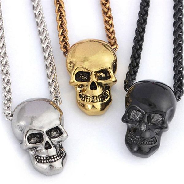 Halloween jóias crânio colar de aço inoxidável gótico motociclista pingente corrente para homens feminino punk presente ouro preto tira color223m