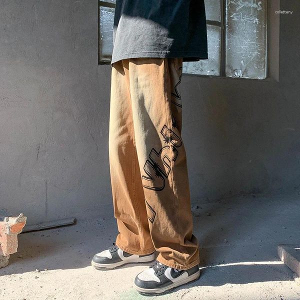 Jeans masculinos homens chique impresso luz marrom denim calças harajuku homem streetwear em linha reta esfregando calças baggy casual jean