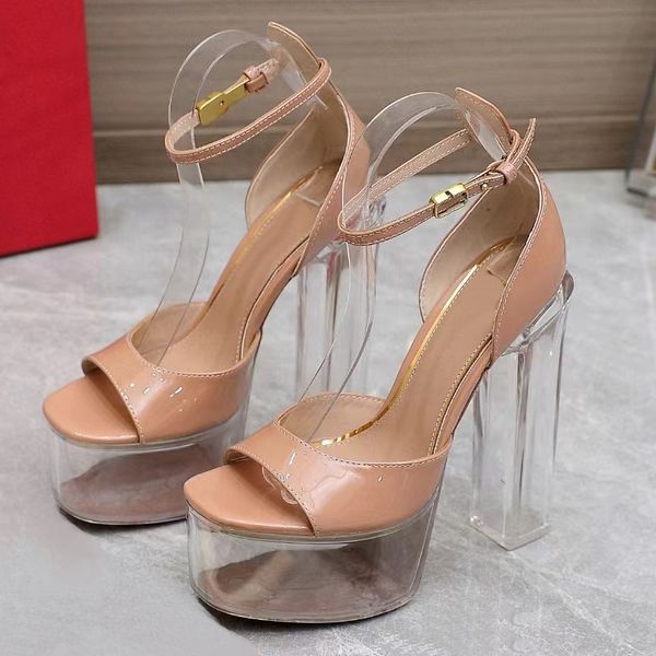 Plateau-Pumps-Sandalen, Polymermaterial, mit Plexiglas, Absatz 155 mm, Damen, rosa, transparent, hochhackige Sandalen, Kristall, klobiger Absatz, eckige Zehen, Knöchel, Designer-Kleiderschuhe