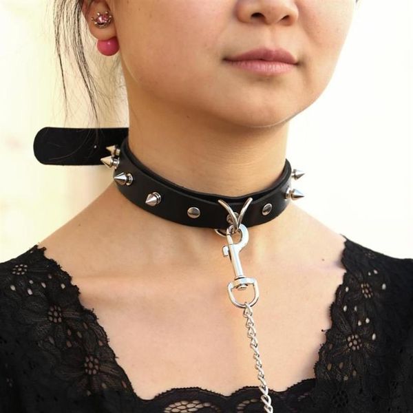 Chokers Sexy Niet PU Leder Kragen Blei Kette Schleppseil Glocke Choker Slave Kostüm BDSM Bondage Halskette Neckband Sex Punk Goth2022