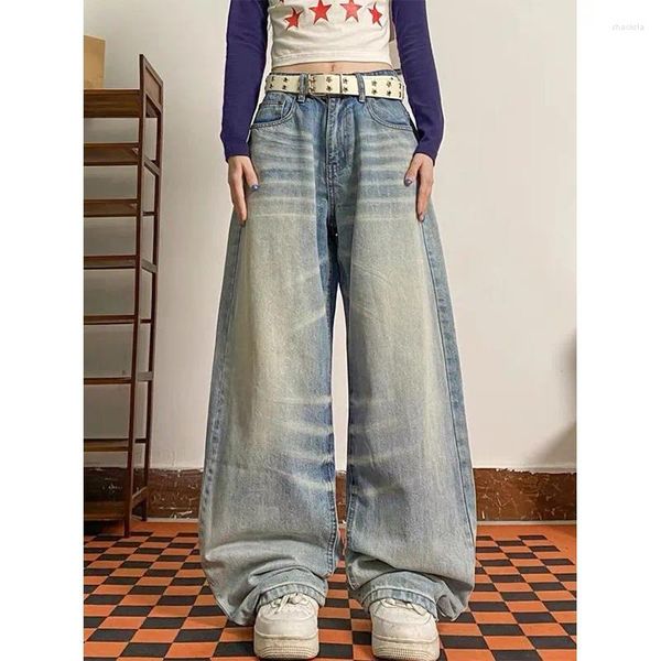 Damen Jeans Ästhetik Y2k Retro Breites Bein Hohe Taille Gerade Streetwear Stil Blau Baggy Hosen Frauen Denim Hosen Dame Kleidung