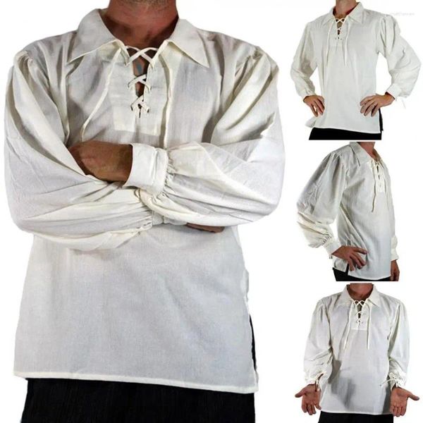 Camisas casuais masculinas lapela manguito design camisa masculina medieval renascentista cosplay laço-up manga longa solta ajuste para adulto histórico