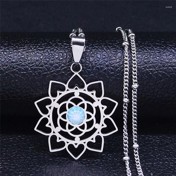 Anhänger Halsketten Blume des Lebens Edelstahl Mondstein Charme Halskette Frauen Schwarz Silber Farbe Kette Schmuck Bijoux Femme N6343S04