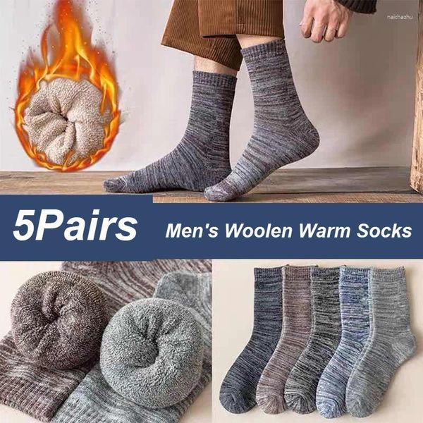 Meias masculinas 5 pares outono inverno homens engrossados de lã cor sólida quente confortável resistente ao desgaste resistente ao odor tubo médio