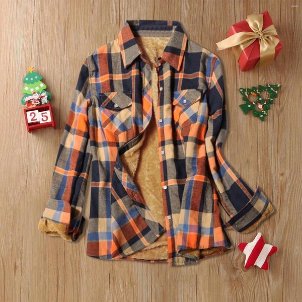 Giacche da donna Abbigliamento autunnale Ispessito Classico abbottonato invernale Plaid foderato in pile Risvolto Cappotto da neve Camicie Capispalla con tasche