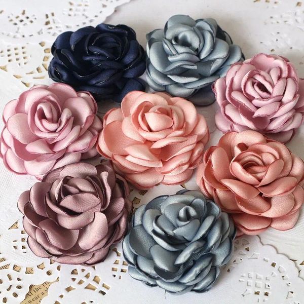 Flores decorativas 5 pçs 5cm artesanal cetim rosa tecido cabeça de flor artificial para festa de casamento artesanato casa decoração diy