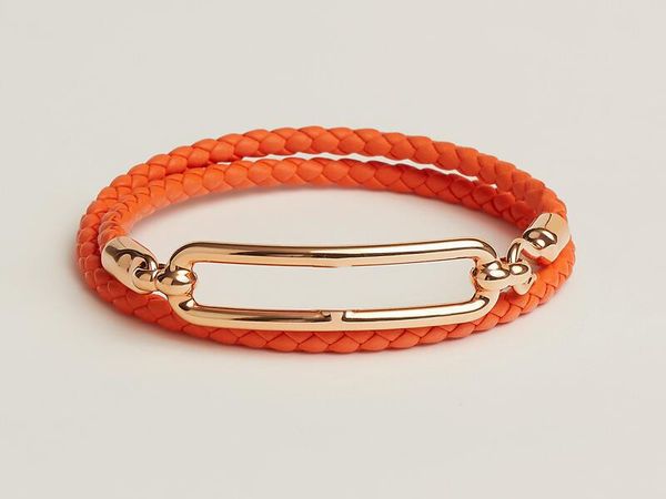 Braccialetti Realfine888 3A HM H90 in 03 Bracciale doppio cinturino in pelle arancione con gioielli iconici in oro / argento Designer di lusso per donna con scatola