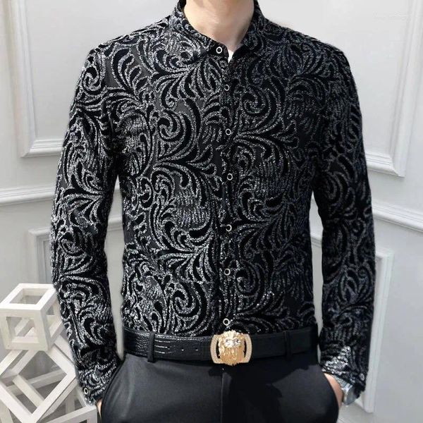 Männer Casual Hemden Goldenen Samt Langarm Camisa Chemise Homme Männer Hemd Herbst Hohe Qualität Blume Business Büro