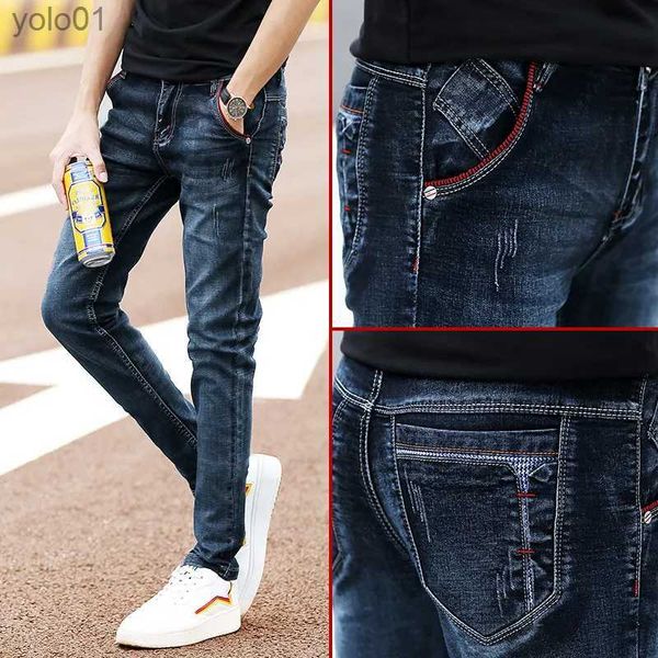 Calças de brim masculinas moda calças jeans estiramento azul escuro jeans magros para homens casual fino ajuste calças jeans estilo coreano jeansl231017