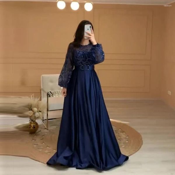 Vestidos de festa modesto azul marinho a linha noite puff mangas compridas rendas brilhantes cetim fenda vestido de baile saudita árabe feminino vestido formal