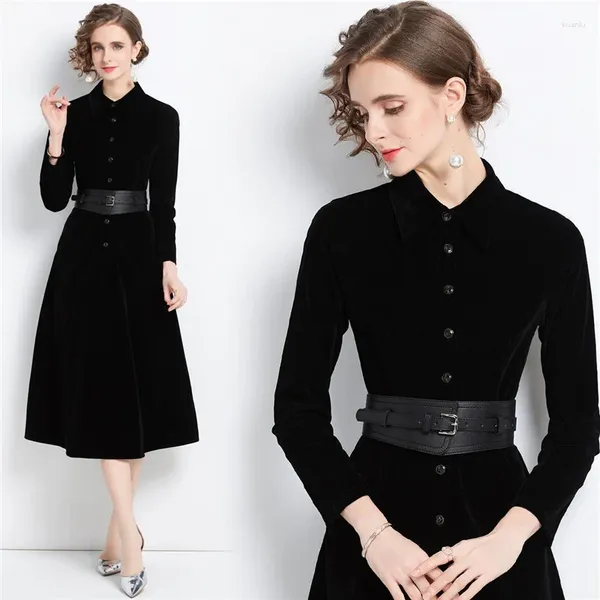 Lässige Kleider Occident Trendy Sanftes Damen-Samtkleid in schwarzer Farbe Einreiher Corest Hohe Taille mit Gürtel Weicher Herbst