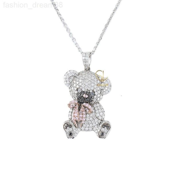 Hiphop cristal dos desenhos animados urso de pelúcia arco gelado 925 prata acabamento ouro vvs moissanite pingente de diamante para mulher