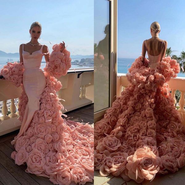 Elegante flores sereia vestidos de baile luxuoso sem costas varredura chão trem ocasião vestido aso ebi vestidos de noite