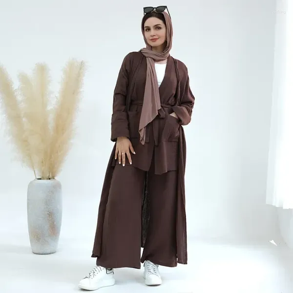 Abbigliamento etnico Set 3 pezzi Abaya Camicetta aperta Top Pantaloni a gamba dritta Kimono lungo Cardigan Dubai Isalm Abbigliamento Casual Donne musulmane (No