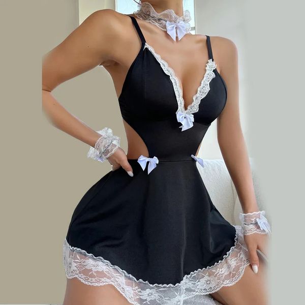 Sexy pijama s lingerie avental francês vestido de empregada cosplay traje servo lolita babydoll uniforme erótico role play exótico 231017