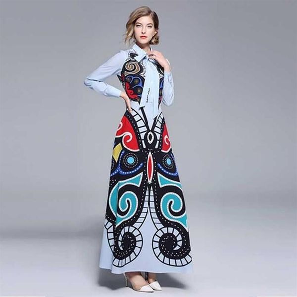 Spring Summer Runway Dress Vestidos Mexican Women Elegant Long Sleeve Vintage Geometric Print Belt Pleated Maxi 210525221j