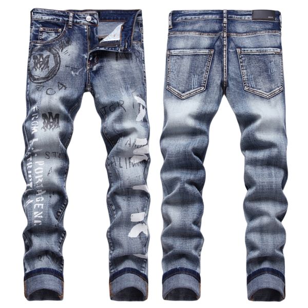 Homens jeans carta estrela am minúsculo ponto bordado retalhos rasgado sexy romântico selvagem motocicleta calça dos homens AM3380-00 tamanho 29-38