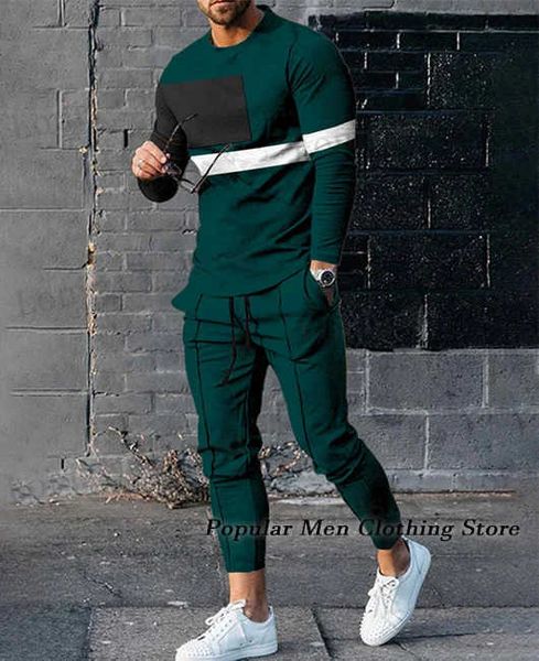 Tute da uomo Primavera Tuta da uomo Set Stampato in 3D Tinta unita Jogger Abbigliamento sportivo Casual Maniche lunghe T-shirt + Pantaloni lunghi Abito da uomo Abbigliamento T231017