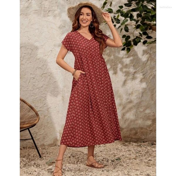 Abiti casual Abito 2023 Estate sciolto e bohemien Vintage stile etnico stampato pieghettato scollo a V manica corta a vita alta abito da donna