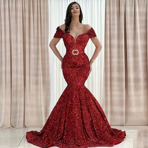 Sexy vermelho lantejoulas vestidos de noite profundo decote em v longo fora do ombro sereia feminino formal baile de formatura noite vestidos de festa cinto met gala soiree