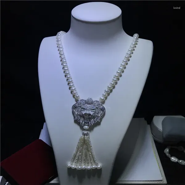 Colares de pingente de moda feminina jóias micro incrustado zircão leão acessórios de água doce pérola colar borla longa camisola corrente