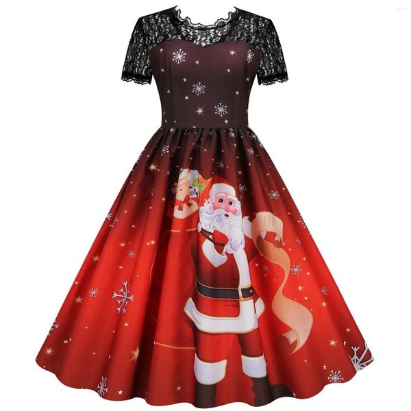 Lässige Kleider Weihnachtskleid Frauen 2023 Herbst Winter Vintage Party Cosplay Kostüme Kurzarm Santa Claus Print Weihnachten