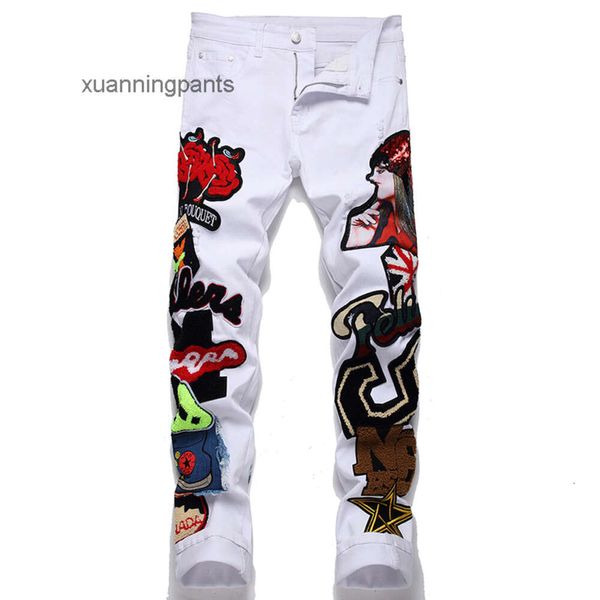 Frühling Punk Herren Jeans Herbst bestickte Baumwolle Mode Urban Mid Waist Hose