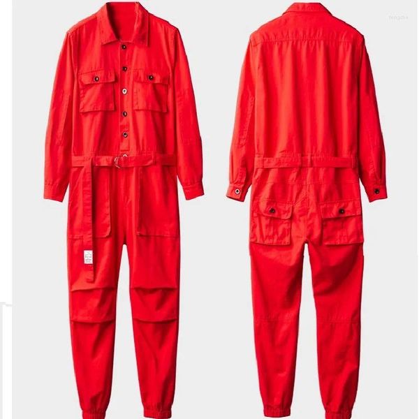 Männer Hosen Männer Overall Taille Gürtel Langarm Rot Hip Hop Strampler Casual Bequeme Cargo Lose Multi-Taschen Overalls arbeiten Overall