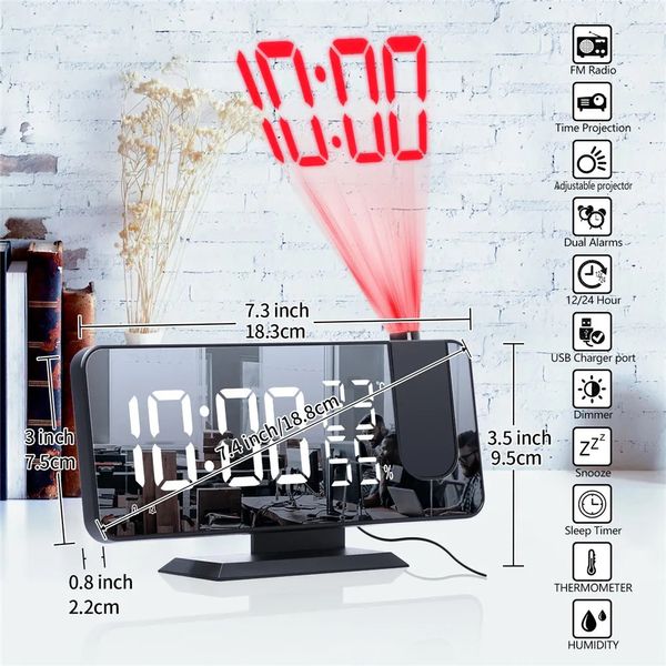 Schreibtisch-Tischuhren, UKW-Radio, digitaler Wecker, Temperatur- und Luftfeuchtigkeitsanzeige mit 180°-Zeitprojektor, elektronische Tischuhr, 12/24-Stunden-Schlummerprojektion, LED-Uhr 231017