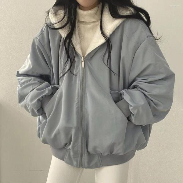 Trench da donna Giacche per donna Peluche coreano Addensare Abbigliamento su due lati Lana di agnello Vestiti di cotone Cappotto invernale con cerniera caldo Cappotto allentato