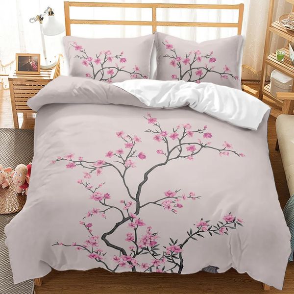 Set biancheria da letto Set copripiumino fiore 3D Spring Peach Blossom Queen King Size Rami in microfibra Petalo rosa Consolatore floreale 231017
