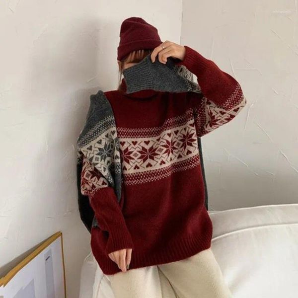 Kadın Sweaters Noel Dekorasyonu Vintage Street Giyim Tembel Sweater Noktalar Tatlı Çizgiler Örme Artı Boyut Gevşek Kırış Pullover