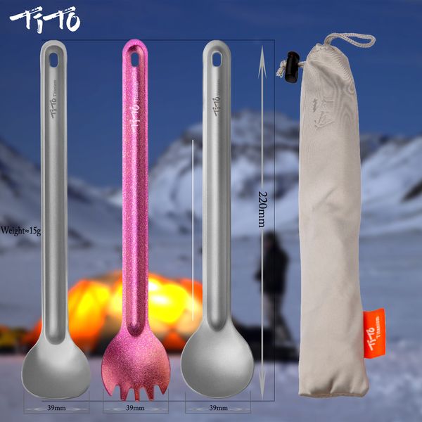 Tito Titanyum Uzun Saplı Spork ve Spoon Çevre Dostu Ultralight Portabale Sofra Takımı Açık Kamp Sırt Çantası Yürüyüşü Seyahat Seyahat Piknik Sofra Takımı Çanta ile