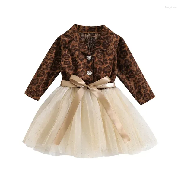 Vestidos de menina crianças meninas vestido leopardo impressão bowknot em camadas tule turn-down colarinho manga longa outono moda casual princesa