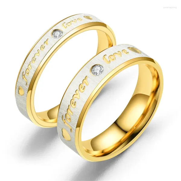 Anelli nuziali 1 pezzo 4mm / 6mm in acciaio inossidabile color oro per sempre amore anello per donna uomo coppia cristallo CZ regalo taglia 5-12