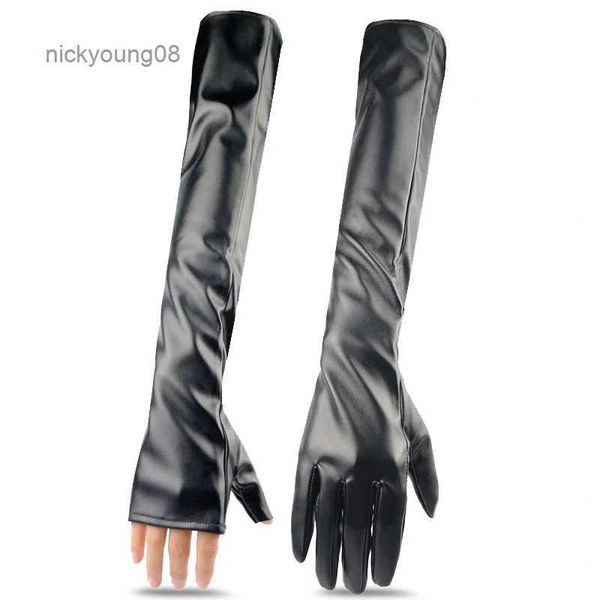 Fingerlose Handschuhe 46CM 48CM Touchscreen Lange schwarze Lederhandschuhe Mode Persönlichkeit Bühnenauftritte Balloper Elegant WarmhaltenL231017