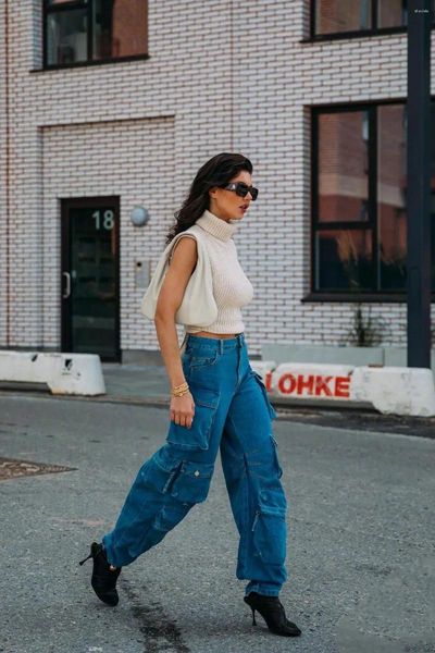 Jeans femininos ins americano high street menina ferramental feminino verão 2023 net vermelho com o mesmo grande bolso velho retro calças